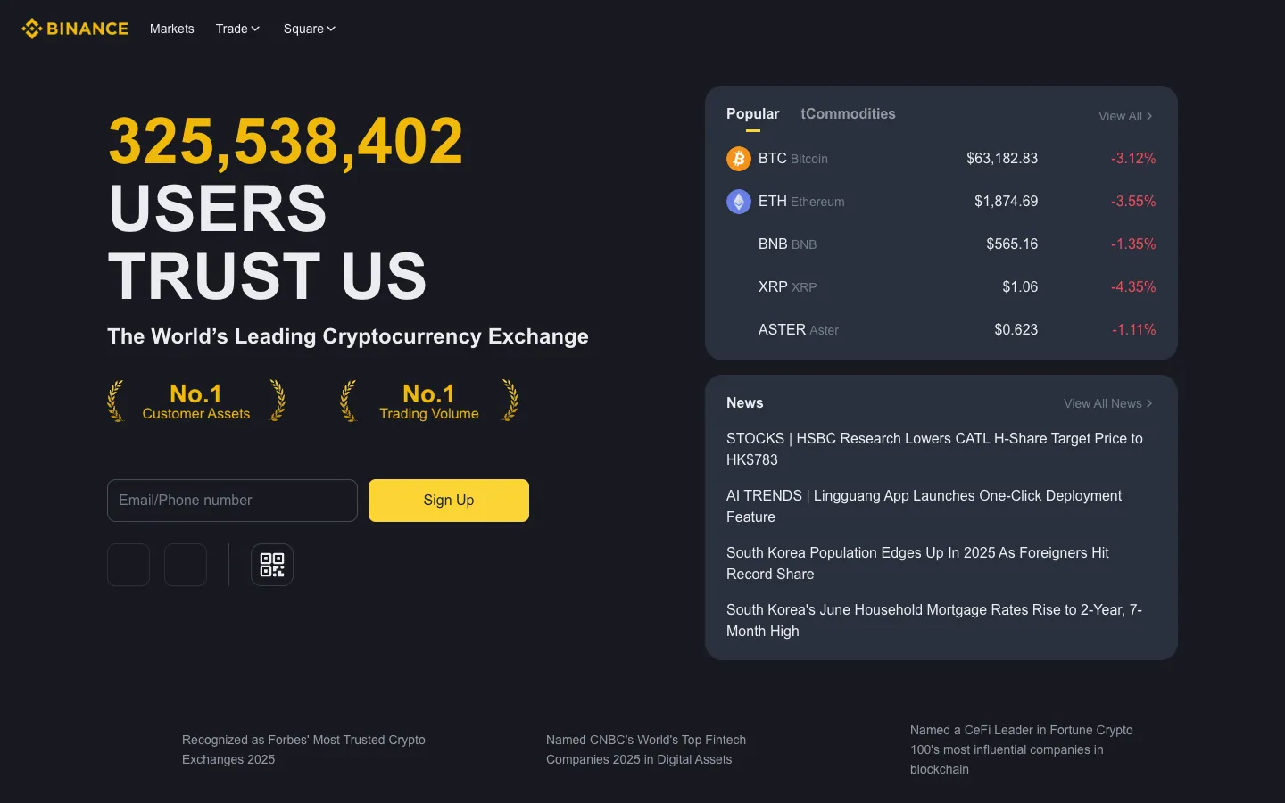 Binance official website, captured 2026-07-28