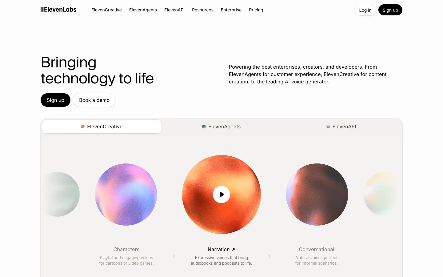 ElevenLabs official website, captured 2026-07-28