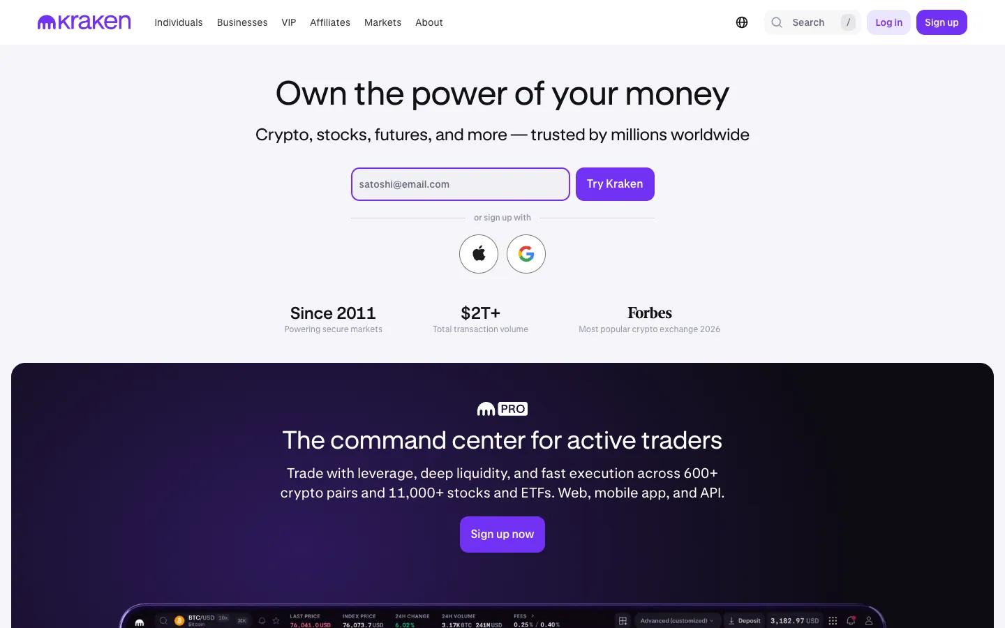 Kraken official website, captured 2026-07-28