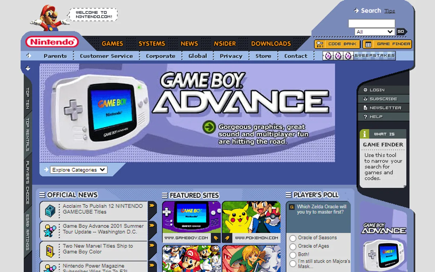Nintendo.com (2001) historical website archive capture, collected 2026-07-28
