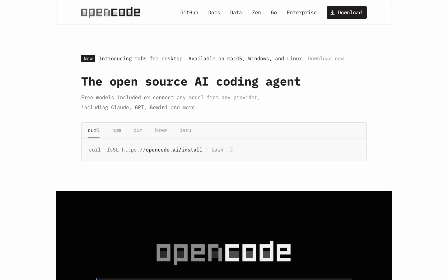 OpenCode AI official website, captured 2026-07-28