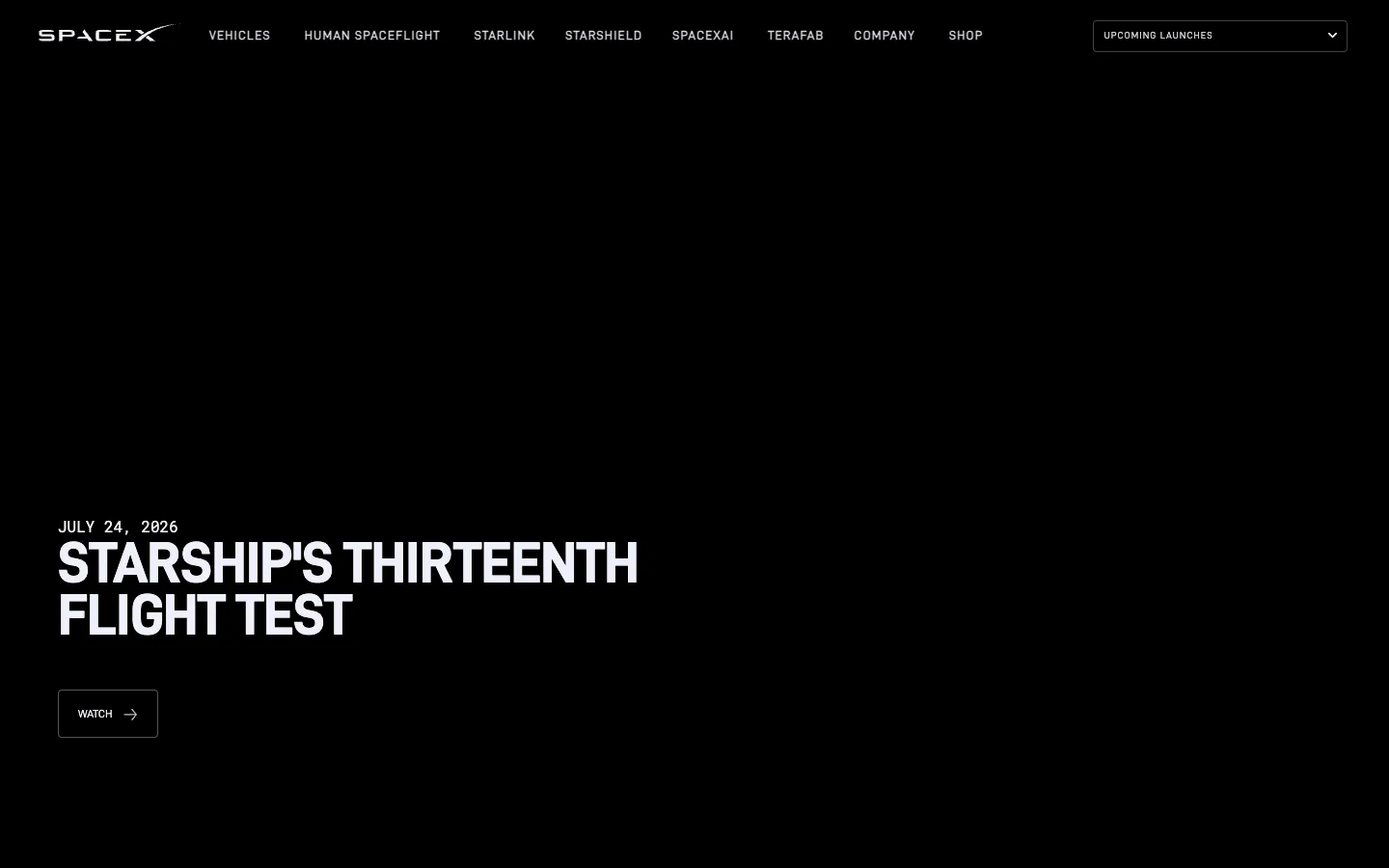 SpaceX official website, captured 2026-07-28