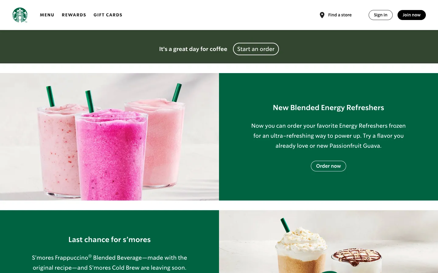 Starbucks official website, captured 2026-07-28