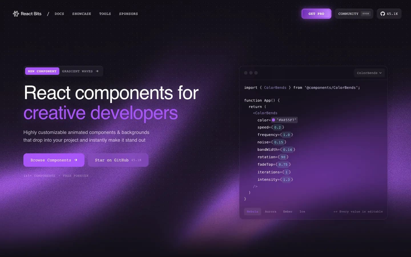React Bits official website, captured 2026-08-08