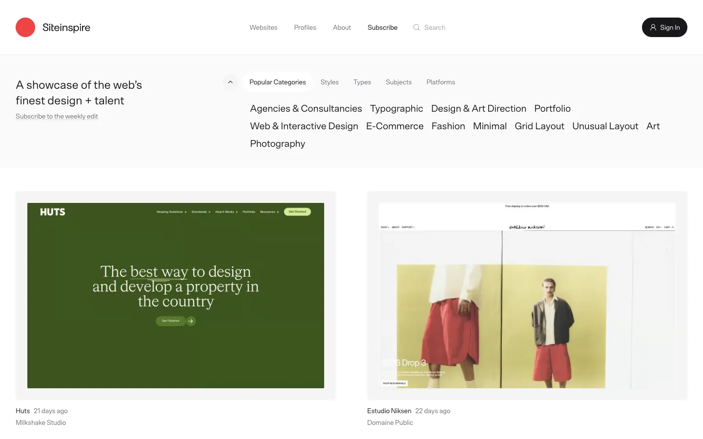 SiteInspire official website, captured 2026-07-28