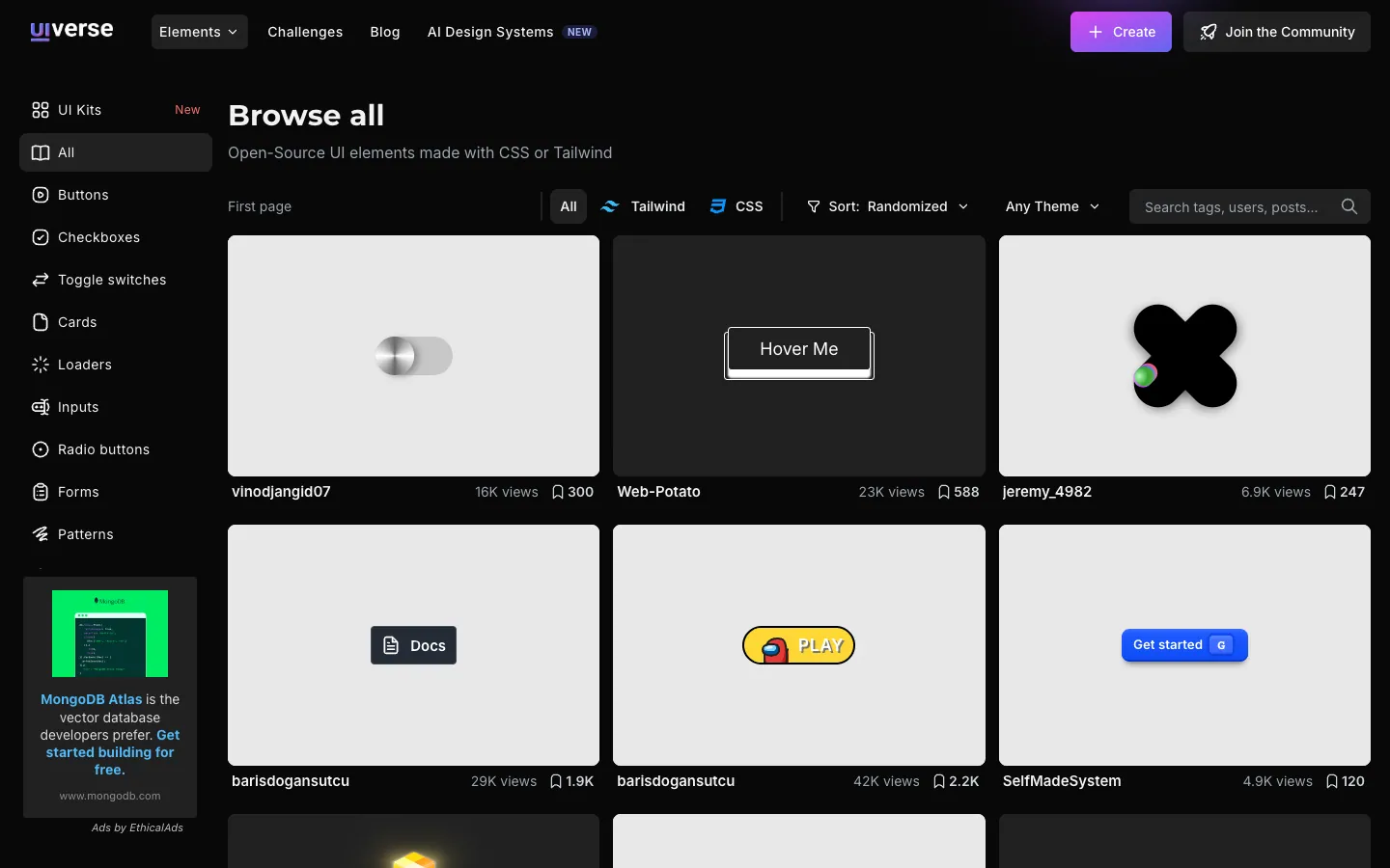 Uiverse official website, captured 2026-08-10